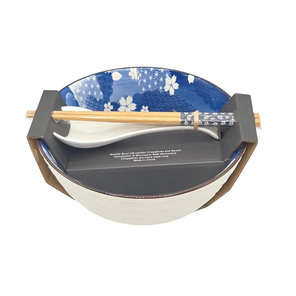 SH Home Blue Floral Ceramic Ramen Noodle Bowl 49oz With Chopsticks And Spoon 4pc